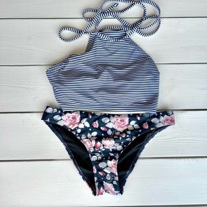 2-Piece Swim Bikini Navy White Stripe Floral Size Small